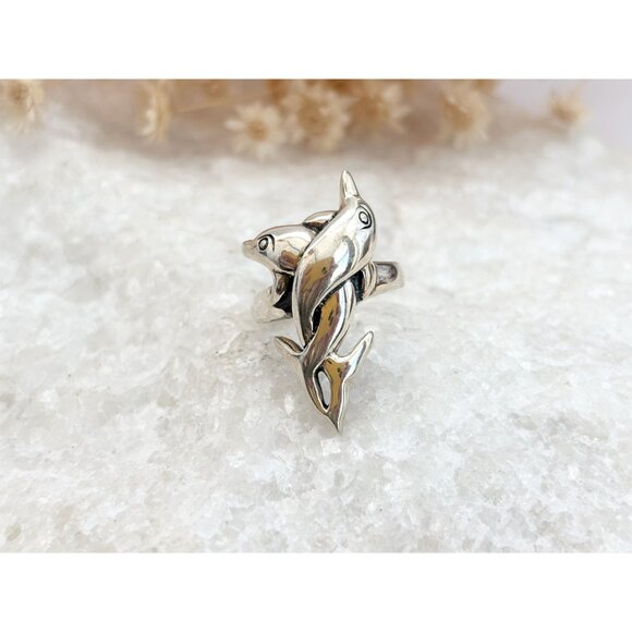 Interlocking Twin Dolphin Figural 925 Sterling Silver Unisex Vintage Ring - sz 6 - Picture 2 of 11